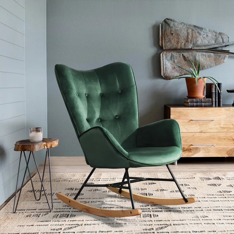 Fauteuil à bascule Scandinave velours vert pieds en bois clair EPPING KD VELVET GREEN WOOD LEG