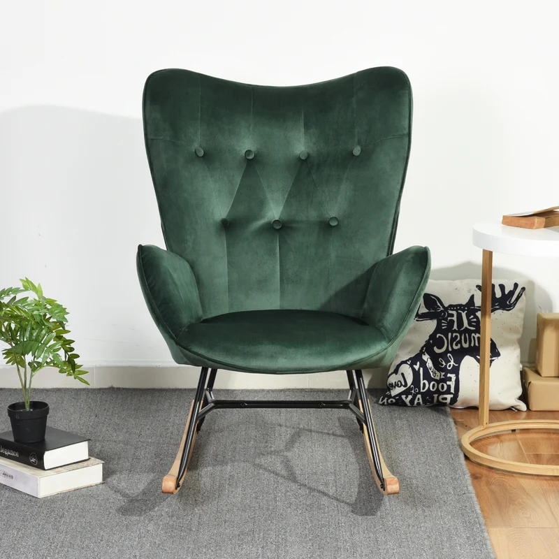 Fauteuil à bascule Scandinave velours vert pieds en bois clair EPPING KD VELVET GREEN WOOD LEG