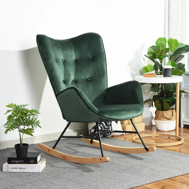 Fauteuil à bascule Scandinave velours vert pieds en bois clair EPPING KD VELVET GREEN WOOD LEG