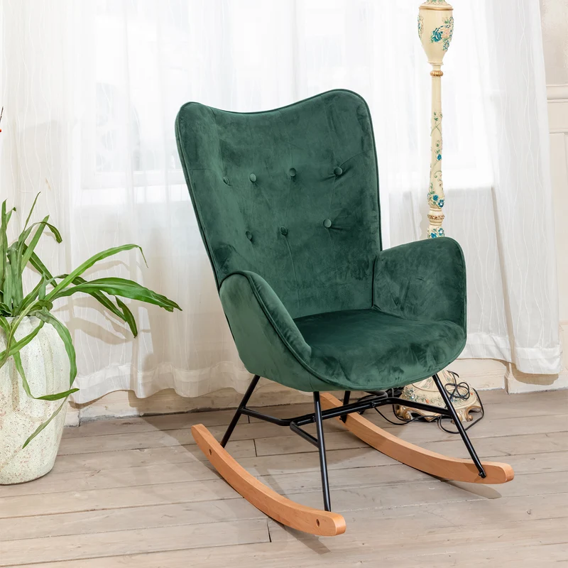 Fauteuil à bascule Scandinave velours vert pieds en bois clair EPPING KD VELVET GREEN WOOD LEG