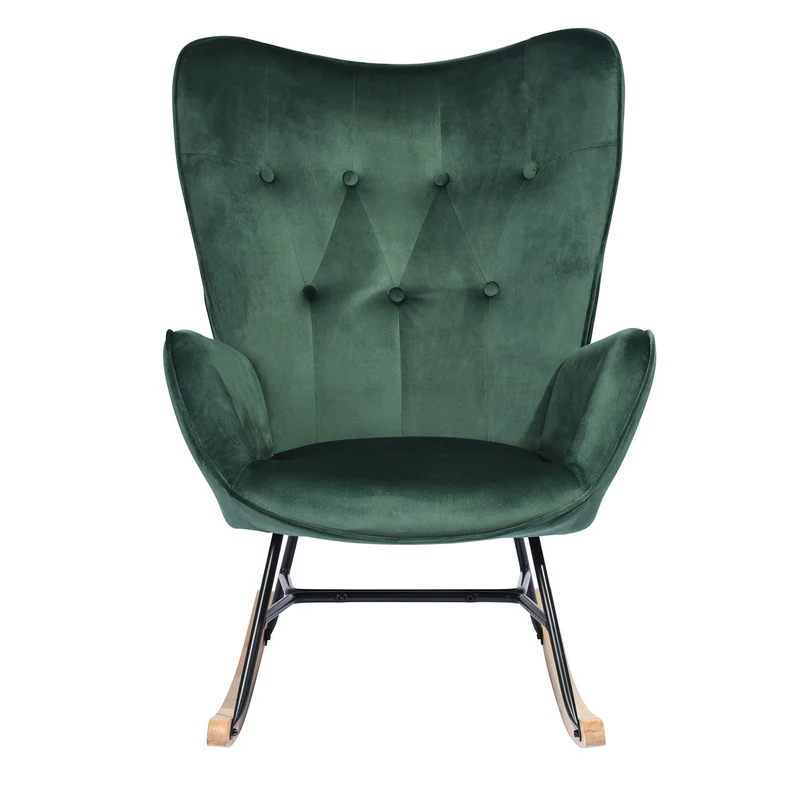 Fauteuil à bascule Scandinave velours vert pieds en bois clair EPPING KD VELVET GREEN WOOD LEG