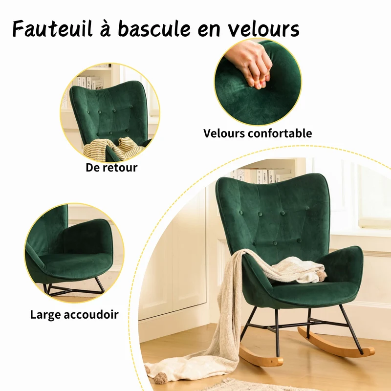 Fauteuil à bascule Scandinave velours vert pieds en bois clair EPPING KD VELVET GREEN WOOD LEG