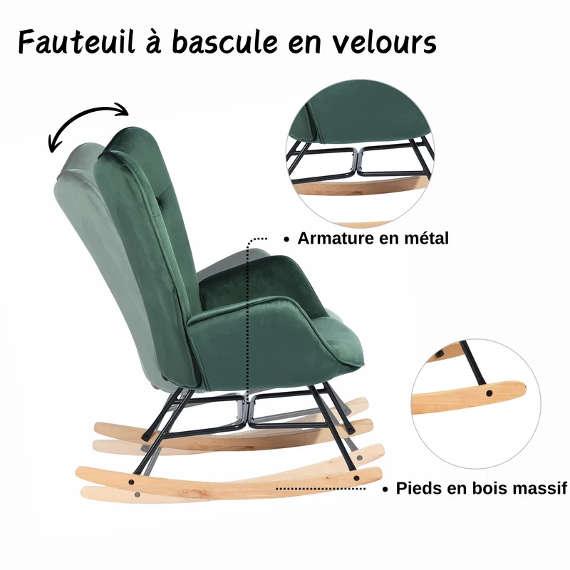 Fauteuil à bascule Scandinave velours vert pieds en bois clair EPPING KD VELVET GREEN WOOD LEG