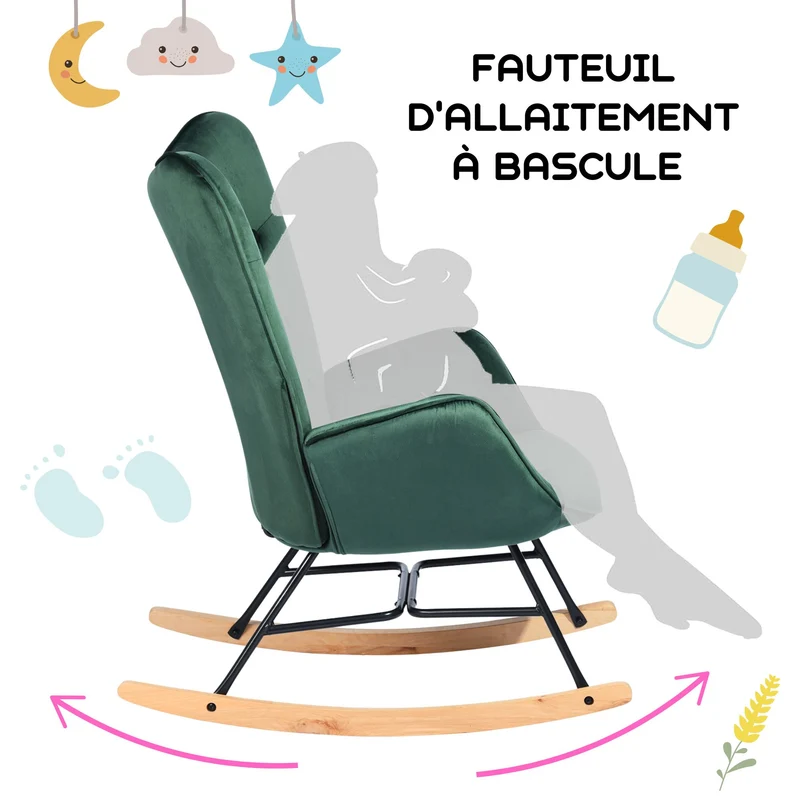Fauteuil à bascule Scandinave velours vert pieds en bois clair EPPING KD VELVET GREEN WOOD LEG