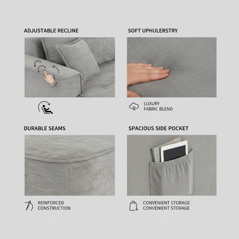 Meridienne canapé simple moelleux en chenille grise sans montage coussin inclus, poches latérales AQUAPON