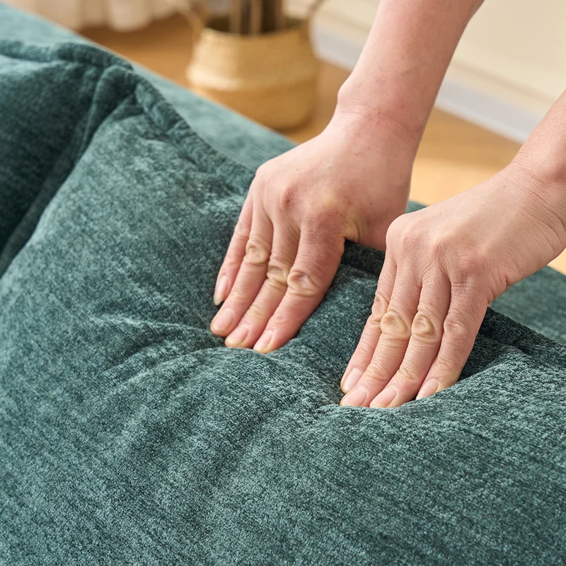 Meridienne canapé simple moelleux en chenille verte sans montage coussin inclus, poches latérales NANOWIR