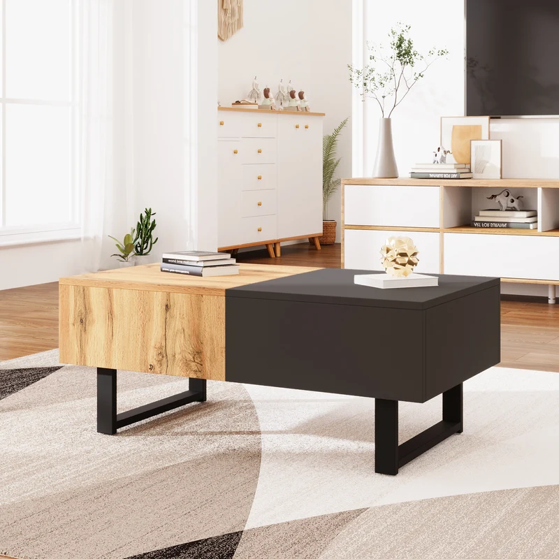 Table basse multifonction moderne coulissante avec rangement caché, effet bois et gris SOLSTICEWHIFF