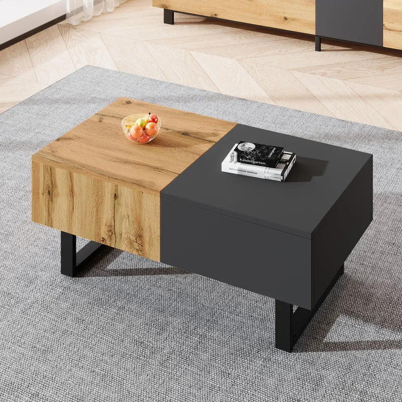 Table basse multifonction moderne coulissante avec rangement caché, effet bois et gris SOLSTICEWHIFF