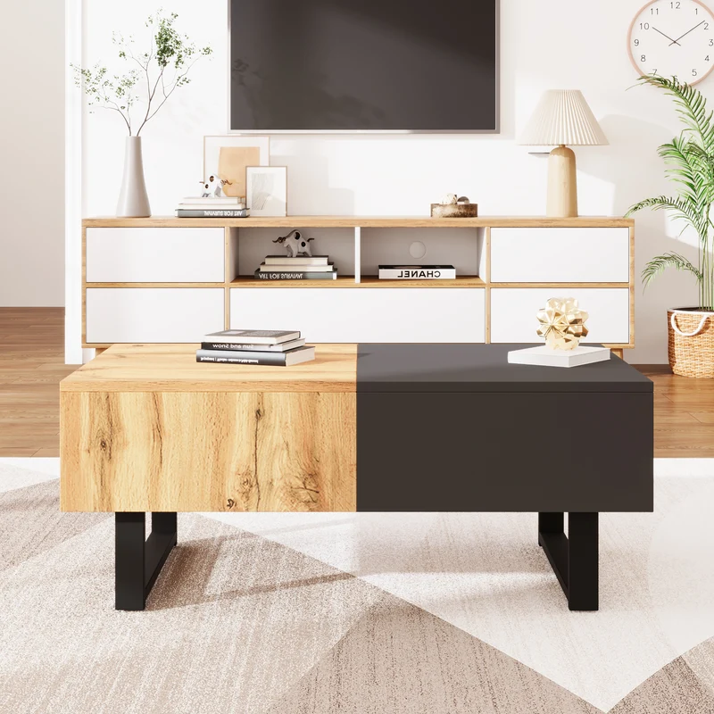 Table basse multifonction moderne coulissante avec rangement caché, effet bois et gris SOLSTICEWHIFF