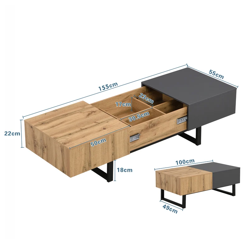 Table basse multifonction moderne coulissante avec rangement caché, effet bois et gris SOLSTICEWHIFF