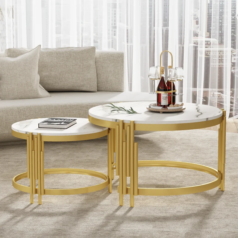 Table basse gigogne ronde MDF effet marbre blanc et pieds dorés ANTARESFLARE