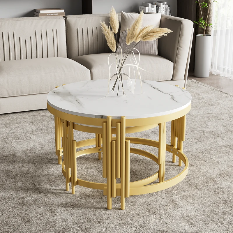 Table basse gigogne ronde MDF effet marbre blanc et pieds dorés ANTARESFLARE
