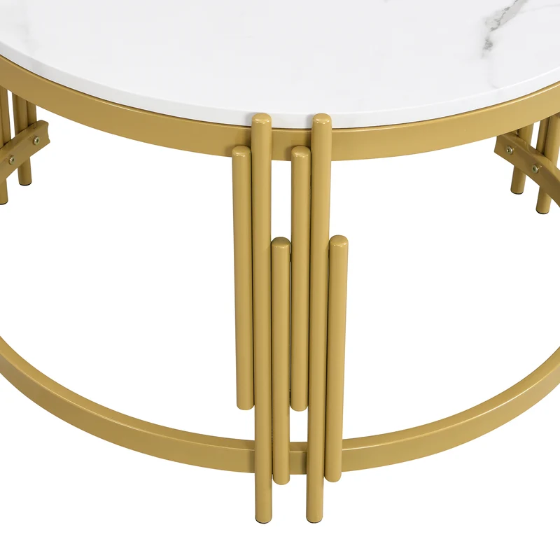 Table basse gigogne ronde MDF effet marbre blanc et pieds dorés ANTARESFLARE