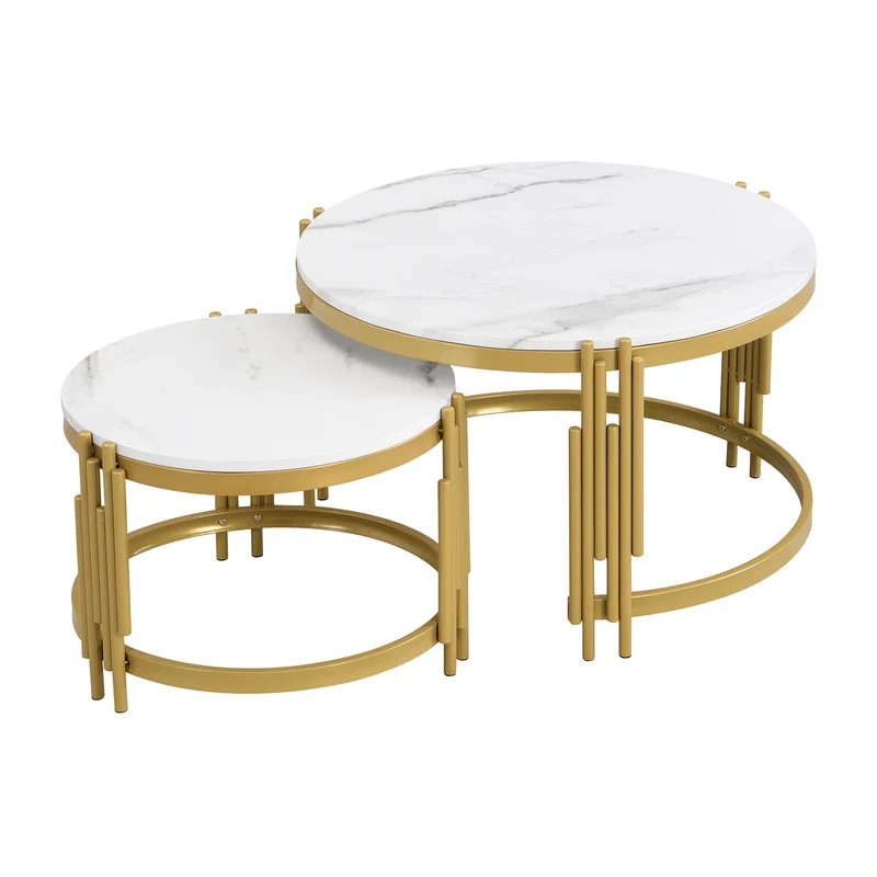 Table basse gigogne ronde MDF effet marbre blanc et pieds dorés ANTARESFLARE