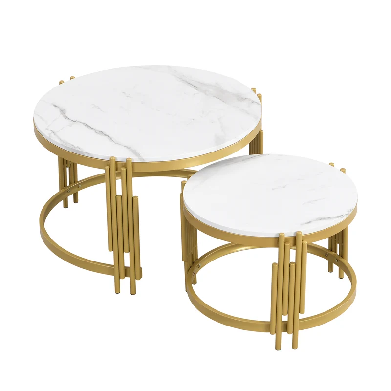 Table basse gigogne ronde MDF effet marbre blanc et pieds dorés ANTARESFLARE