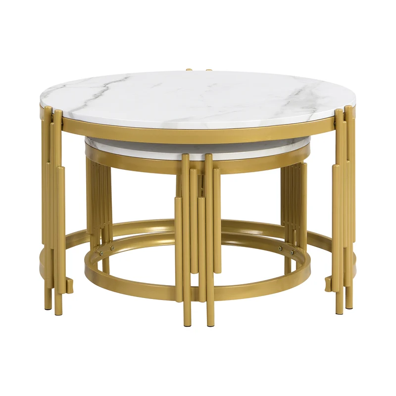 Table basse gigogne ronde MDF effet marbre blanc et pieds dorés ANTARESFLARE