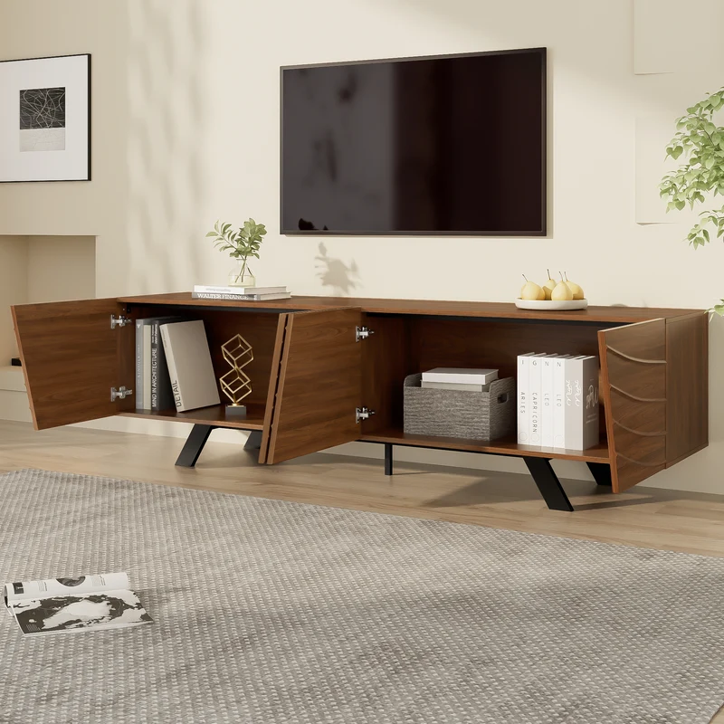 Meuble TV moderne bois noyer, pieds en fer noir 160×39×50,5 cm WHISKFERNSTEM