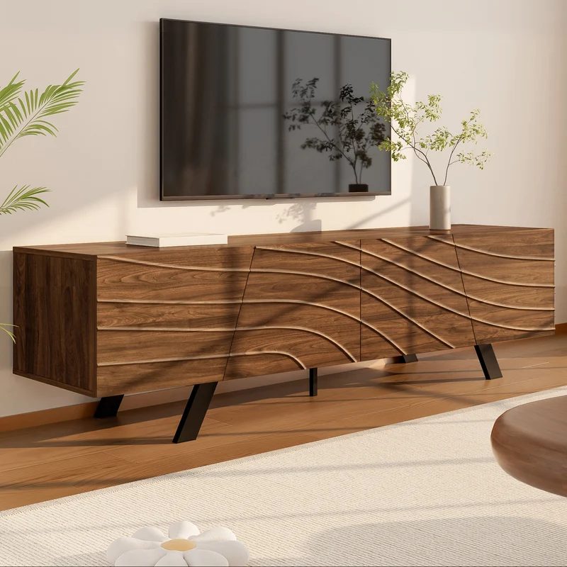 Meuble TV moderne bois noyer, pieds en fer noir 160×39×50,5 cm WHISKFERNSTEM