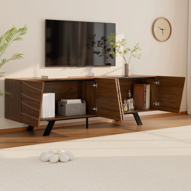 Meuble TV moderne bois noyer, pieds en fer noir 160×39×50,5 cm WHISKFERNSTEM
