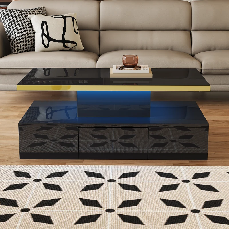 Table basse laquée noire moderne avec éclairage LED et bordure dorée 100x50x38,5cm STARDUST