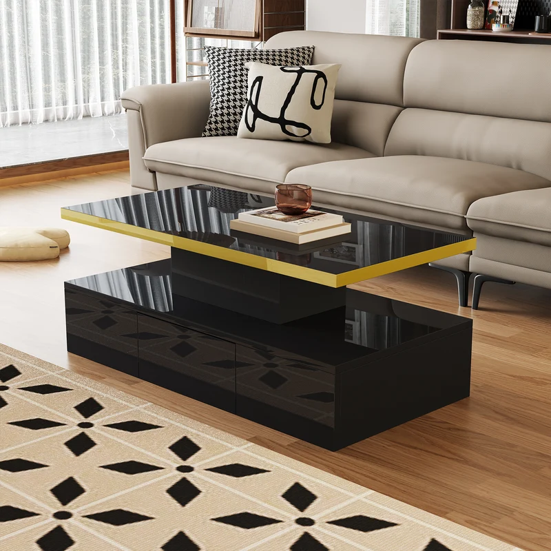 Table basse laquée noire moderne avec éclairage LED et bordure dorée 100x50x38,5cm STARDUST