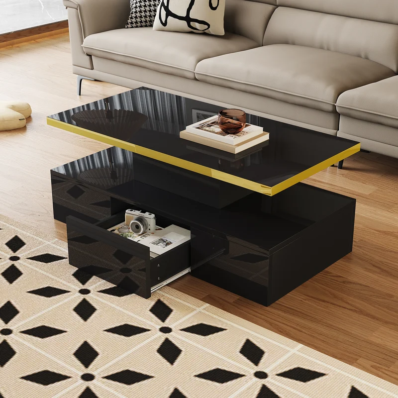 Table basse laquée noire moderne avec éclairage LED et bordure dorée 100x50x38,5cm STARDUST