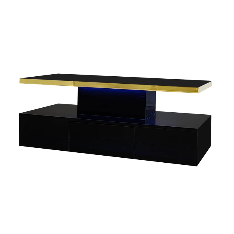 Table basse laquée noire moderne avec éclairage LED et bordure dorée 100x50x38,5cm STARDUST