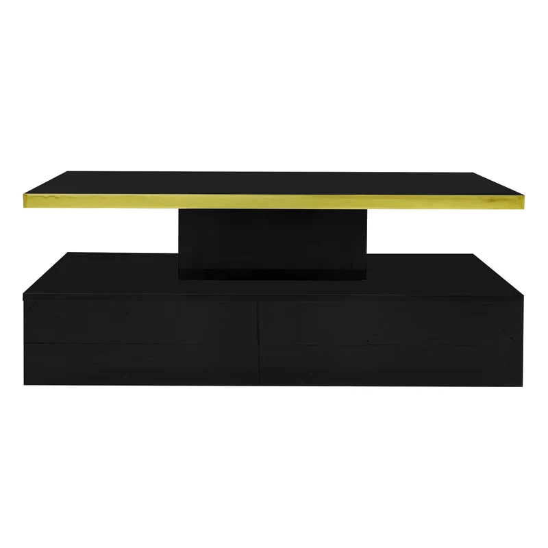 Table basse laquée noire moderne avec éclairage LED et bordure dorée 100x50x38,5cm STARDUST