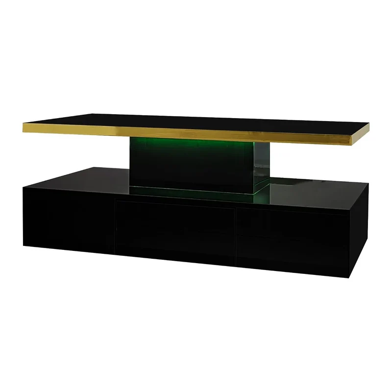 Table basse laquée noire moderne avec éclairage LED et bordure dorée 100x50x38,5cm STARDUST
