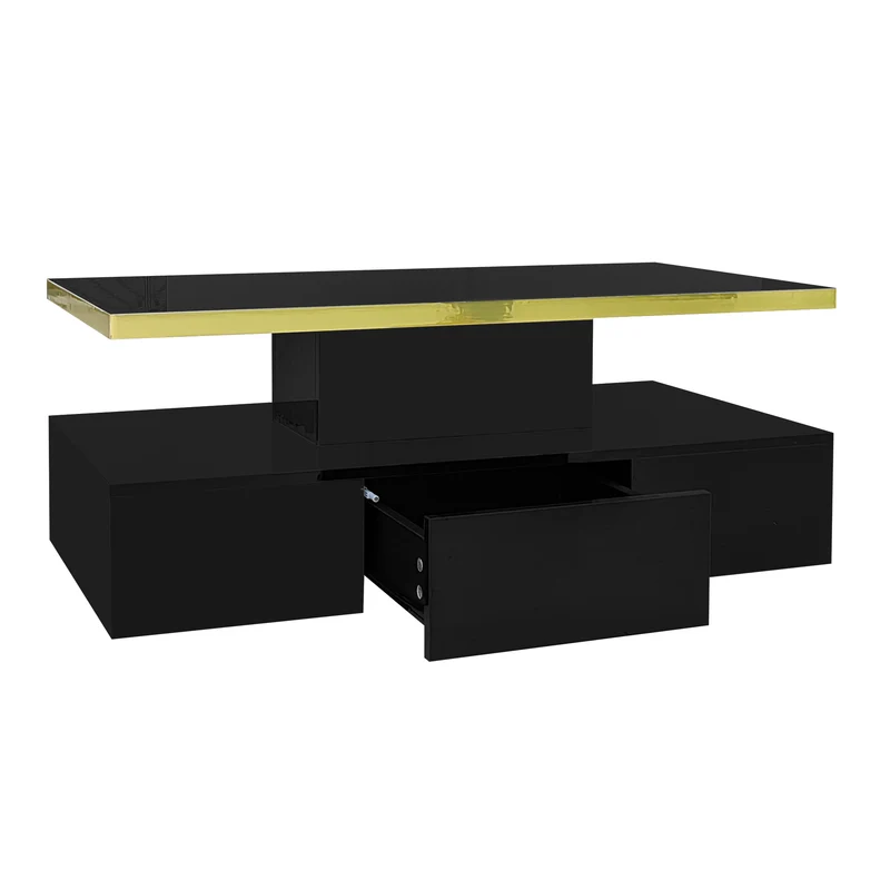 Table basse laquée noire moderne avec éclairage LED et bordure dorée 100x50x38,5cm STARDUST