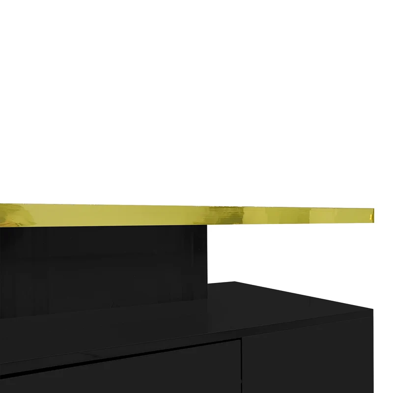 Table basse laquée noire moderne avec éclairage LED et bordure dorée 100x50x38,5cm STARDUST