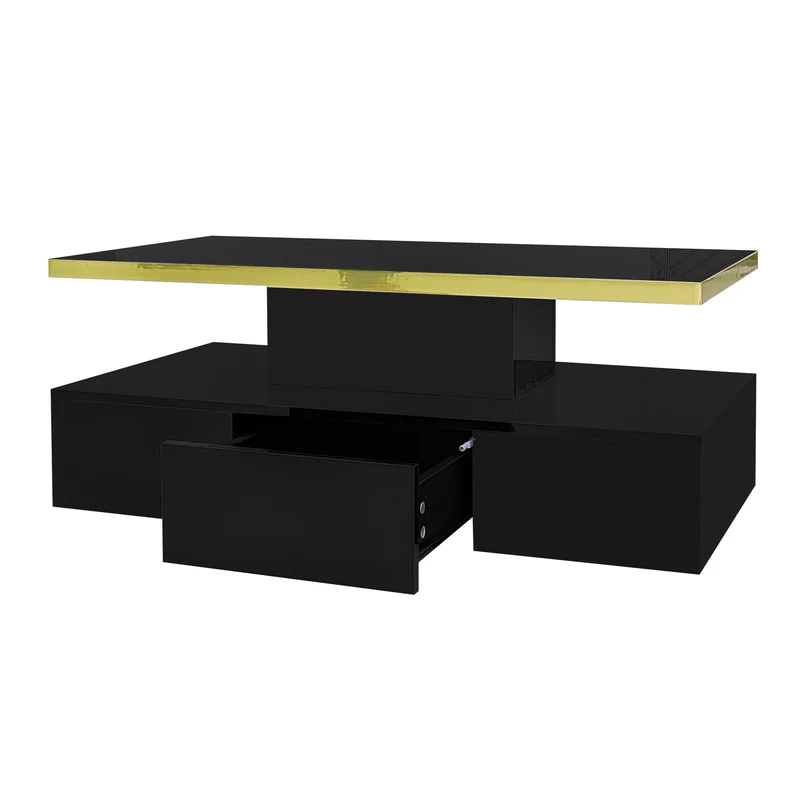 Table basse laquée noire moderne avec éclairage LED et bordure dorée 100x50x38,5cm STARDUST