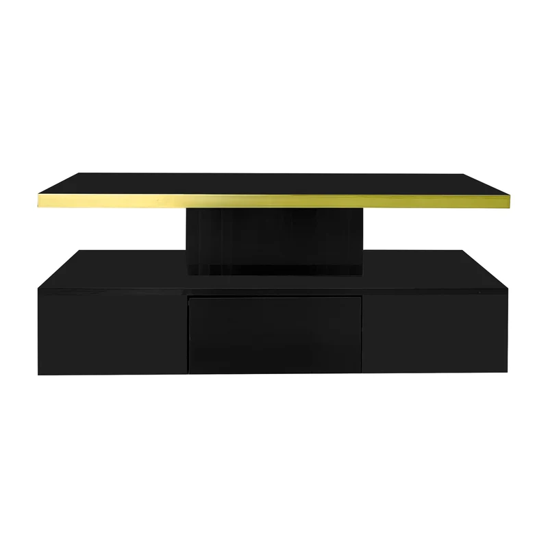 Table basse laquée noire moderne avec éclairage LED et bordure dorée 100x50x38,5cm STARDUST