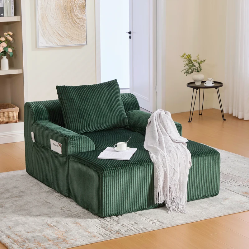 Canapé simple fauteuil XXL en velours côtelé vert, dossier profond, repose pied, coussin & poches latérales, sans montage MILKWEEDFLOSS