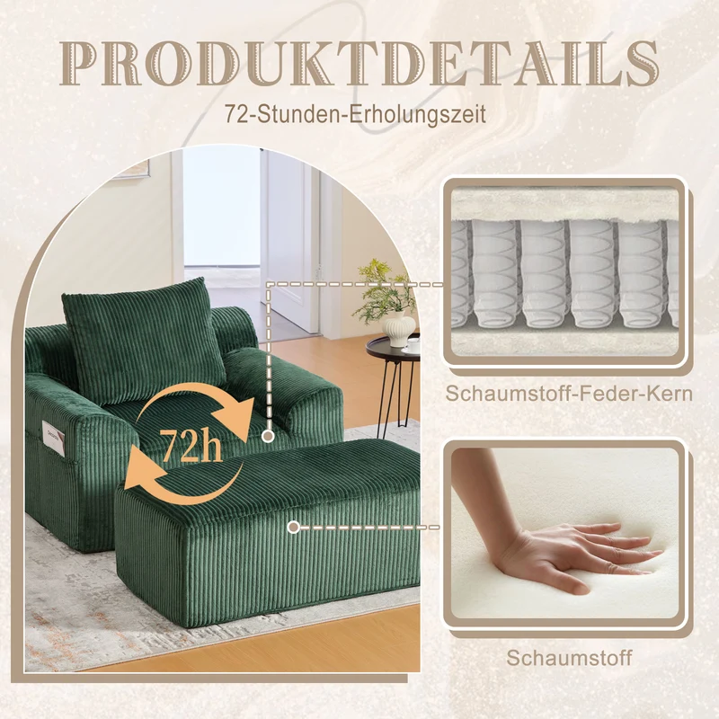 Canapé simple fauteuil XXL en velours côtelé vert, dossier profond, repose pied, coussin & poches latérales, sans montage MILKWEEDFLOSS