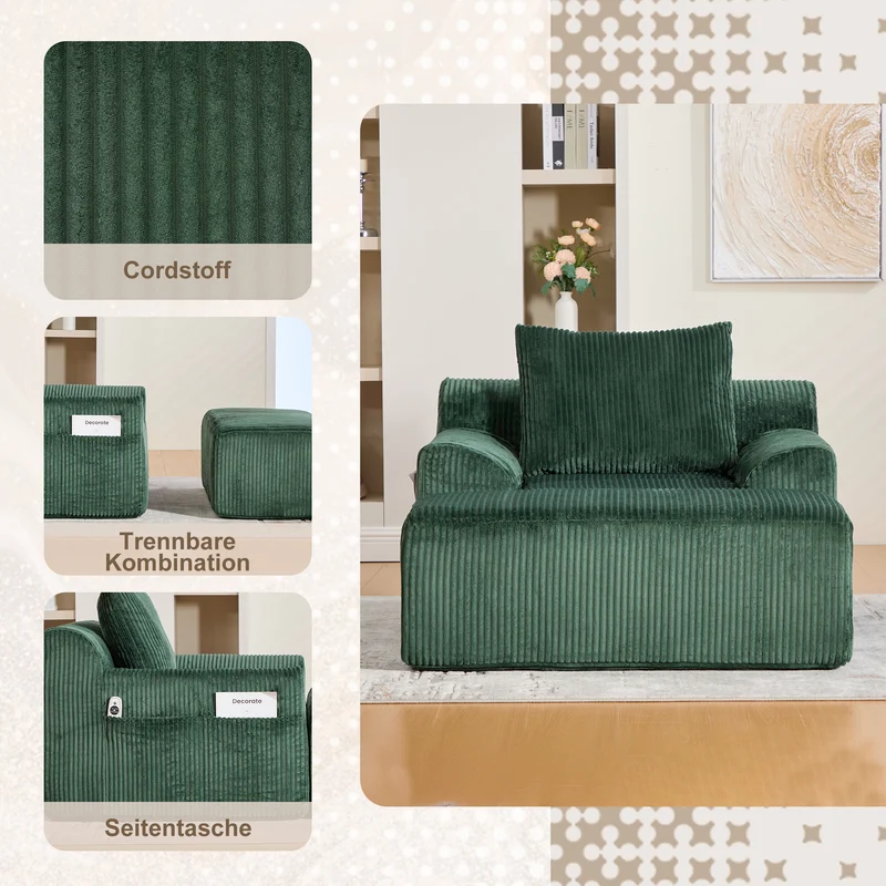 Canapé simple fauteuil XXL en velours côtelé vert, dossier profond, repose pied, coussin & poches latérales, sans montage MILKWEEDFLOSS