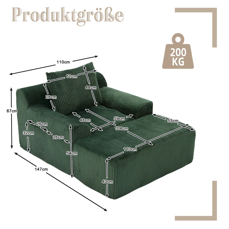 Canapé simple fauteuil XXL en velours côtelé vert, dossier profond, repose pied, coussin & poches latérales, sans montage MILKWEEDFLOSS