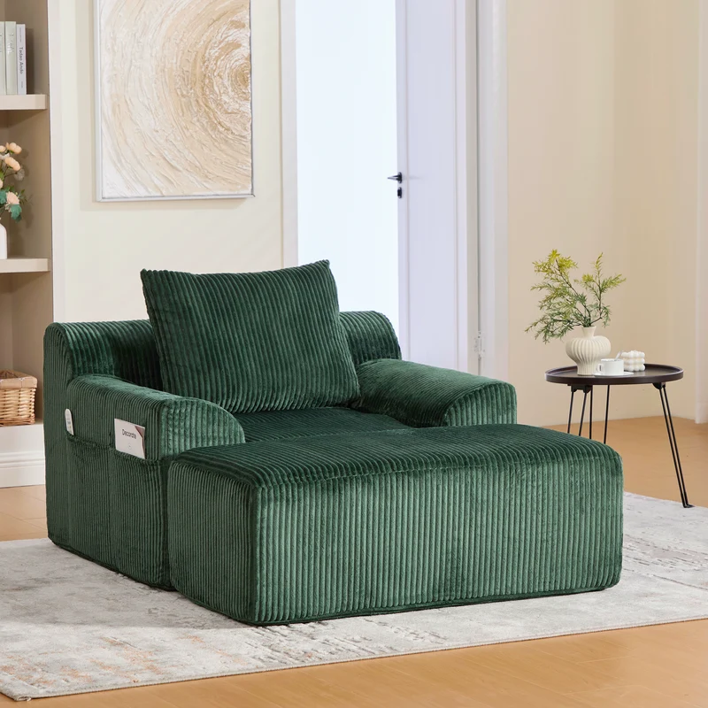 Canapé simple fauteuil XXL en velours côtelé vert, dossier profond, repose pied, coussin & poches latérales, sans montage MILKWEEDFLOSS