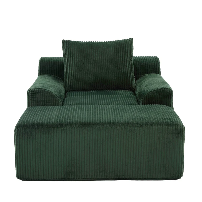 Canapé simple fauteuil XXL en velours côtelé vert, dossier profond, repose pied, coussin & poches latérales, sans montage MILKWEEDFLOSS