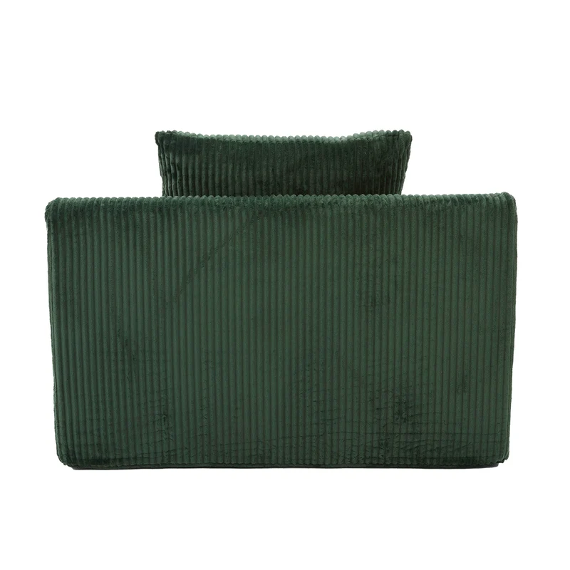 Canapé simple fauteuil XXL en velours côtelé vert, dossier profond, repose pied, coussin & poches latérales, sans montage MILKWEEDFLOSS
