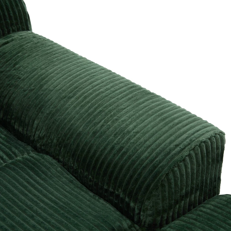Canapé simple fauteuil XXL en velours côtelé vert, dossier profond, repose pied, coussin & poches latérales, sans montage MILKWEEDFLOSS