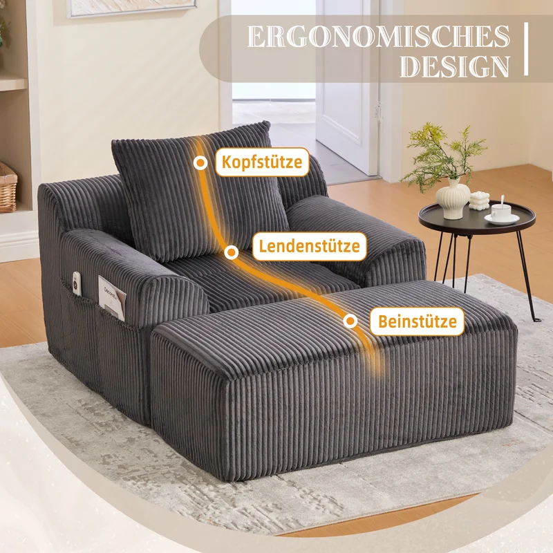 Canapé simple fauteuil XXL en velours côtelé gris, dossier profond, repose pied, coussin & poches latérales, sans montage HOTSPRINGPOOL