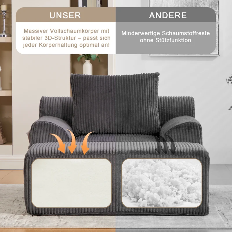 Canapé simple fauteuil XXL en velours côtelé gris, dossier profond, repose pied, coussin & poches latérales, sans montage HOTSPRINGPOOL