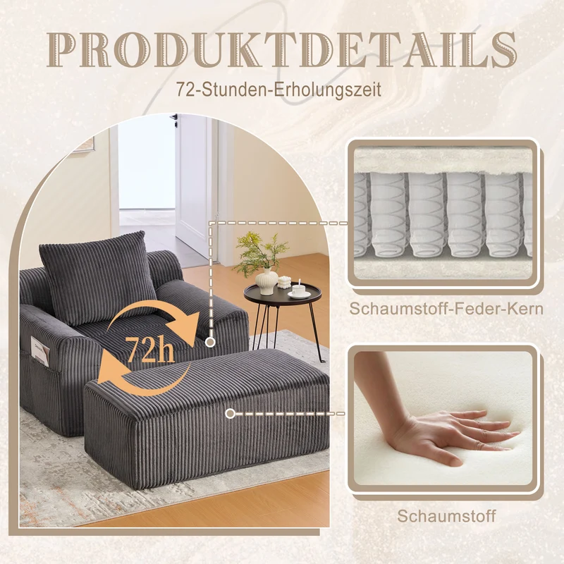Canapé simple fauteuil XXL en velours côtelé gris, dossier profond, repose pied, coussin & poches latérales, sans montage HOTSPRINGPOOL