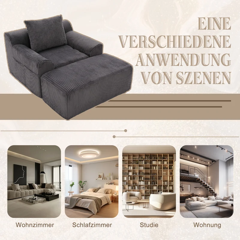 Canapé simple fauteuil XXL en velours côtelé gris, dossier profond, repose pied, coussin & poches latérales, sans montage HOTSPRINGPOOL