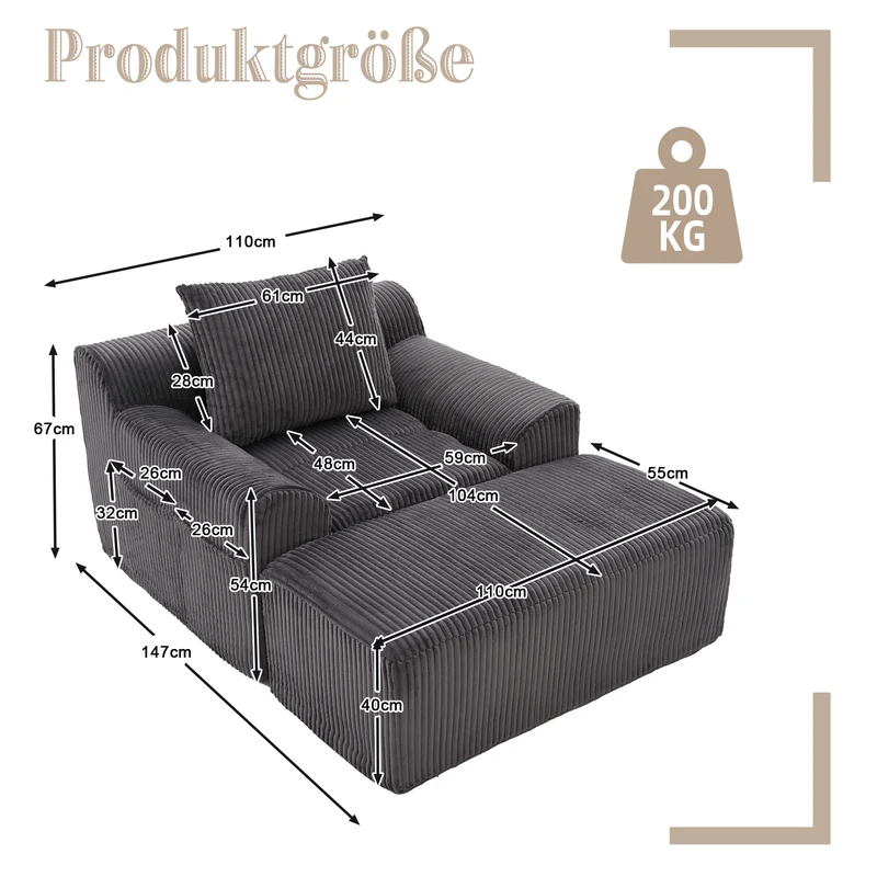 Canapé simple fauteuil XXL en velours côtelé gris, dossier profond, repose pied, coussin & poches latérales, sans montage HOTSPRINGPOOL