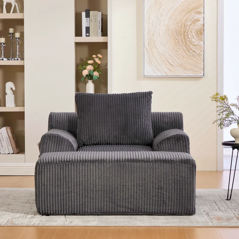 Canapé simple fauteuil XXL en velours côtelé gris, dossier profond, repose pied, coussin & poches latérales, sans montage HOTSPRINGPOOL