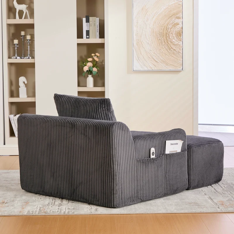 Canapé simple fauteuil XXL en velours côtelé gris, dossier profond, repose pied, coussin & poches latérales, sans montage HOTSPRINGPOOL