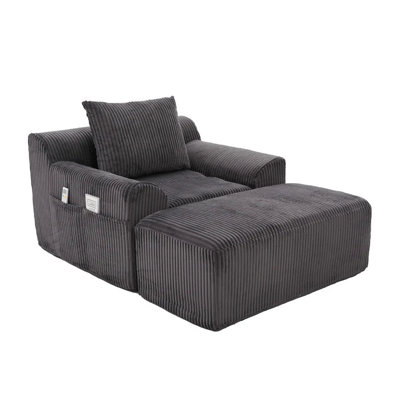 Canapé simple fauteuil XXL en velours côtelé gris, dossier profond, repose pied, coussin & poches latérales, sans montage HOTSPRINGPOOL
