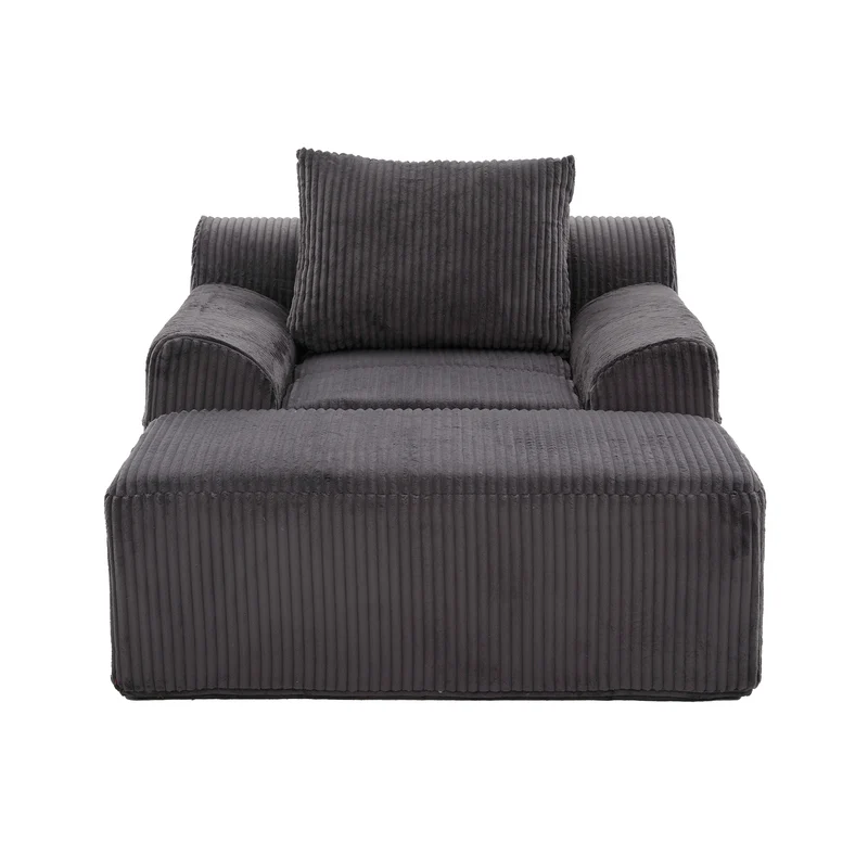 Canapé simple fauteuil XXL en velours côtelé gris, dossier profond, repose pied, coussin & poches latérales, sans montage HOTSPRINGPOOL